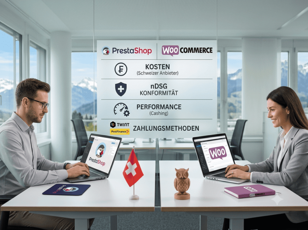 PrestaShop vs. WooCommerce für Schweizer KMU: Kosten, nDSG & Performance im Vergleich (2026)